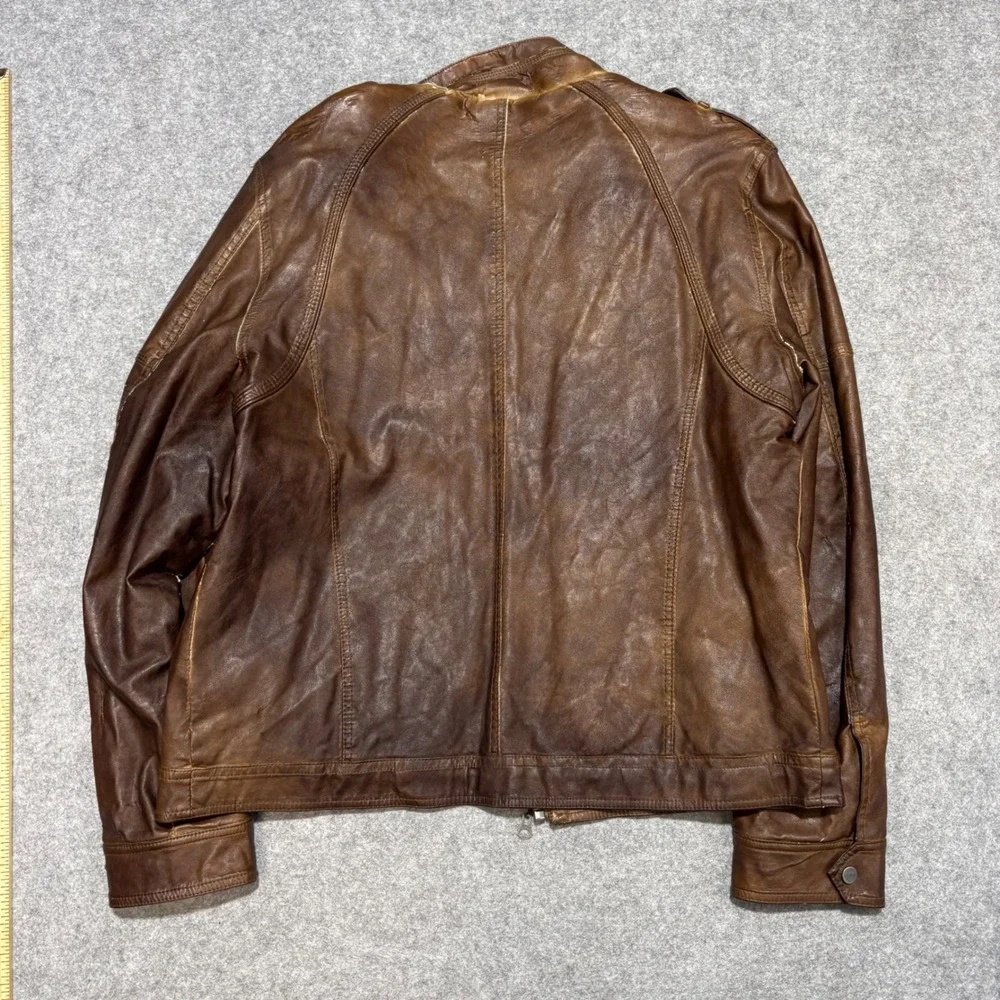 Guess Mens Faux Leather Racer Jacket Distressed Brown XL Moto Quilted Lining